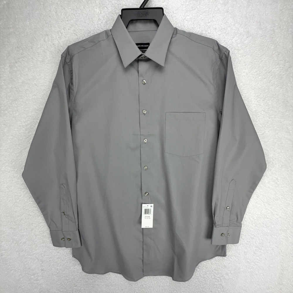Van Heusen Mens Regular Fit Wrinkle Free Dress Shirt Gray Size 16 32/33 L